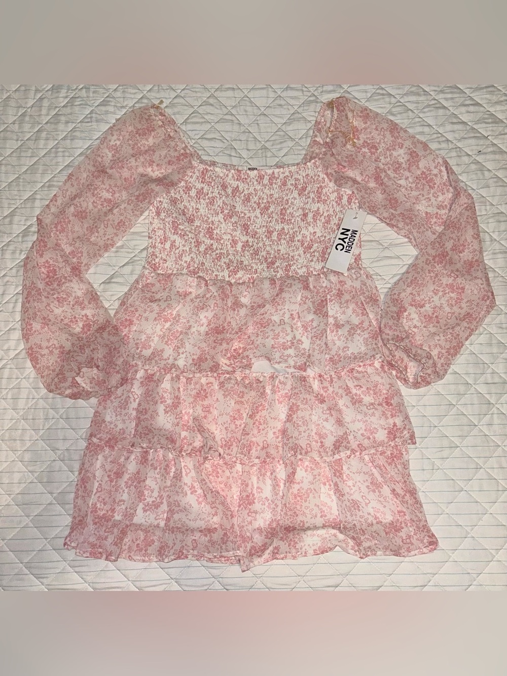 Madden NYC Pink Floral Smocked Babydoll Dress